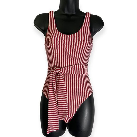 Peony Swimwear Poolside One Piece Swimsuit with Tie Red White - Picture 6 of 14